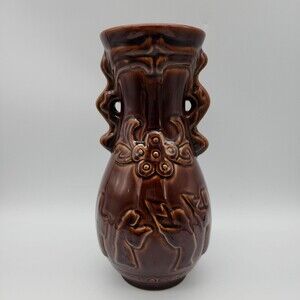 Mysterious Mold Cast Stoneware Brown Glaze Pottery Wine Decanter Monks with Flag